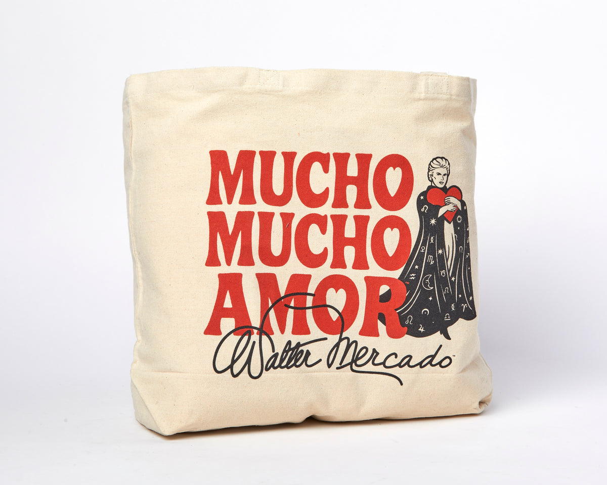 Walter Mercado tote with red Mucho, Mucho Amor lettering, his portrait, and signature