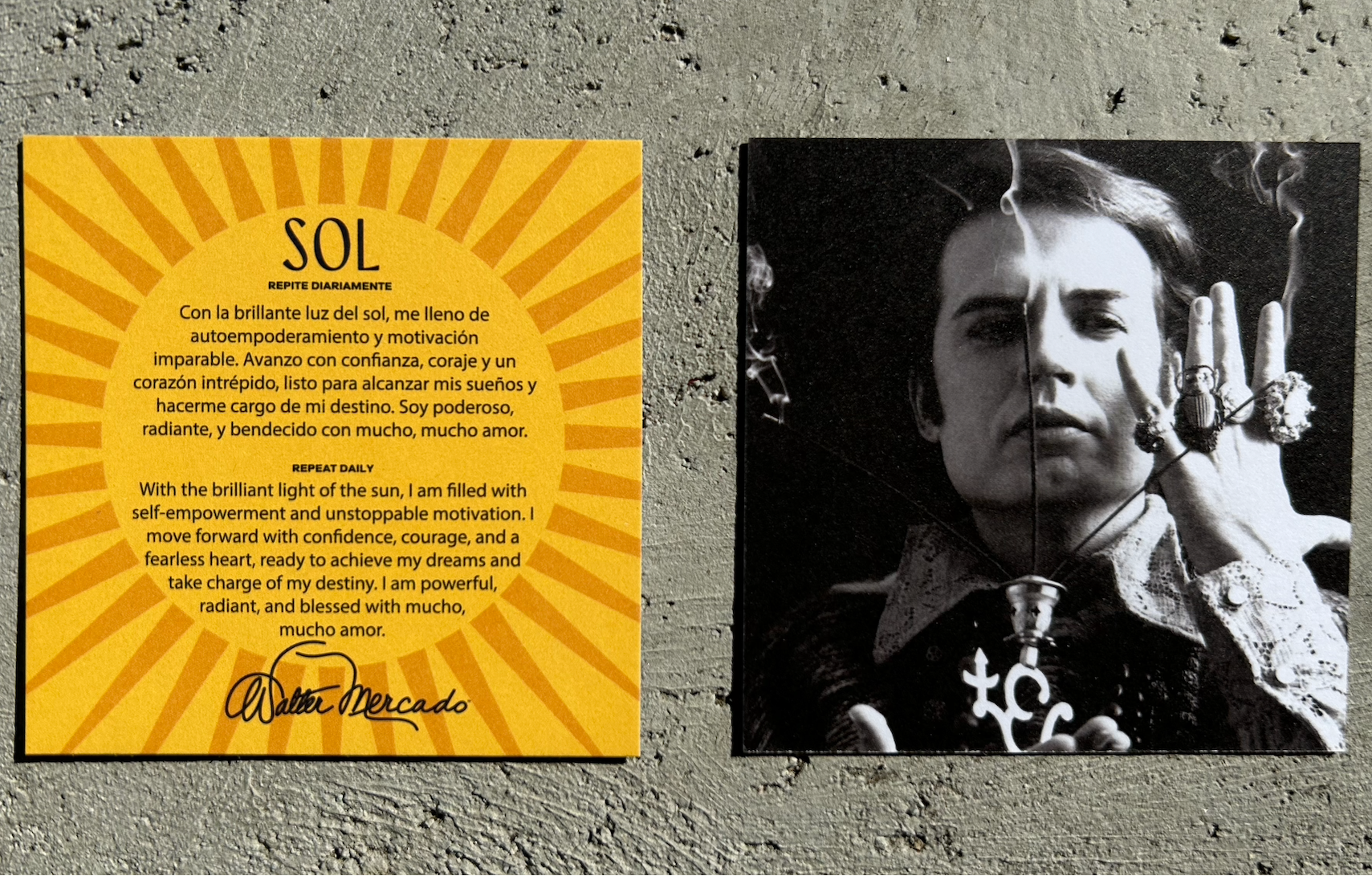 A Walter Mercado Sol candle, Affirmation Card, Mucho, Mucho Amor