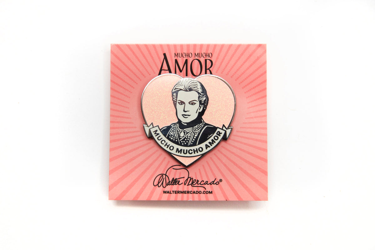 Walter Mercado Mucho Mucho Amor pink heart enamel pin on its backing card
