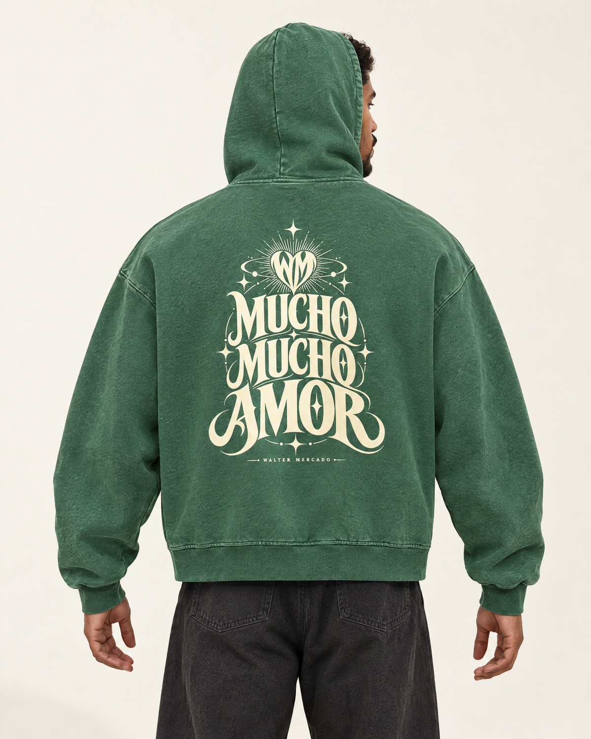 AI-generated model wearing the green Walter Mercado Vintage-Wash Boxy Hoodie, showing the Mucho Mucho Amor back graphic
