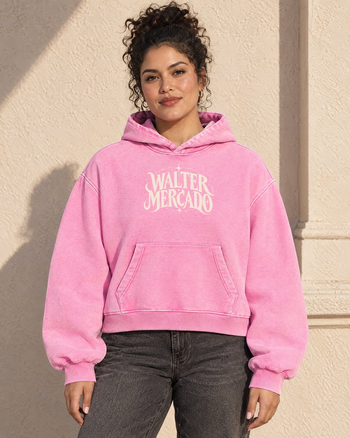 AI-generated model wearing the Walter Mercado Vintage-Wash Boxy Hoodie in Pink, front view
