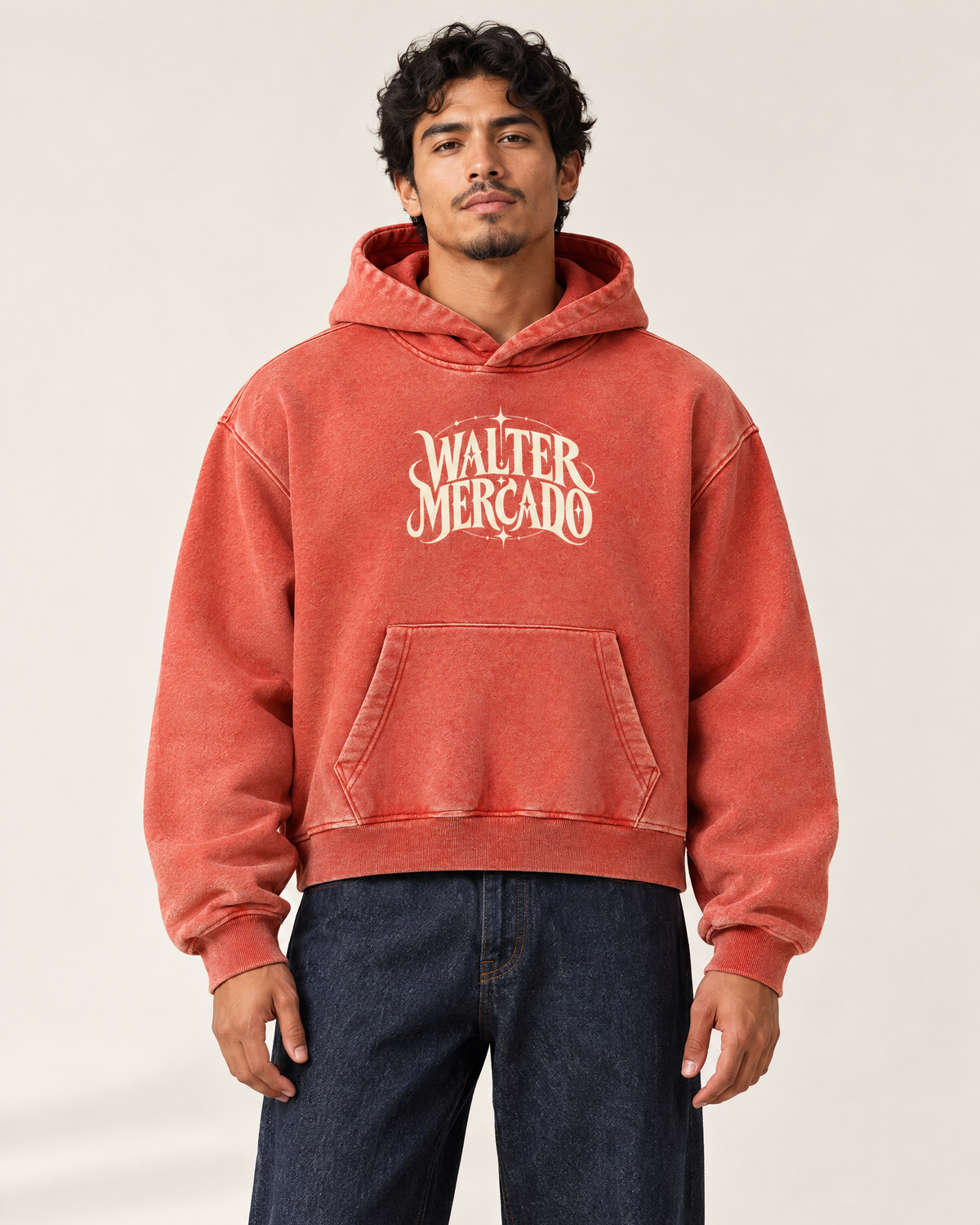AI-generated model wearing the Walter Mercado Vintage-Wash Boxy Hoodie in Washed Red, front view