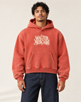 AI-generated model wearing the Walter Mercado Vintage-Wash Boxy Hoodie in Washed Red, front view
