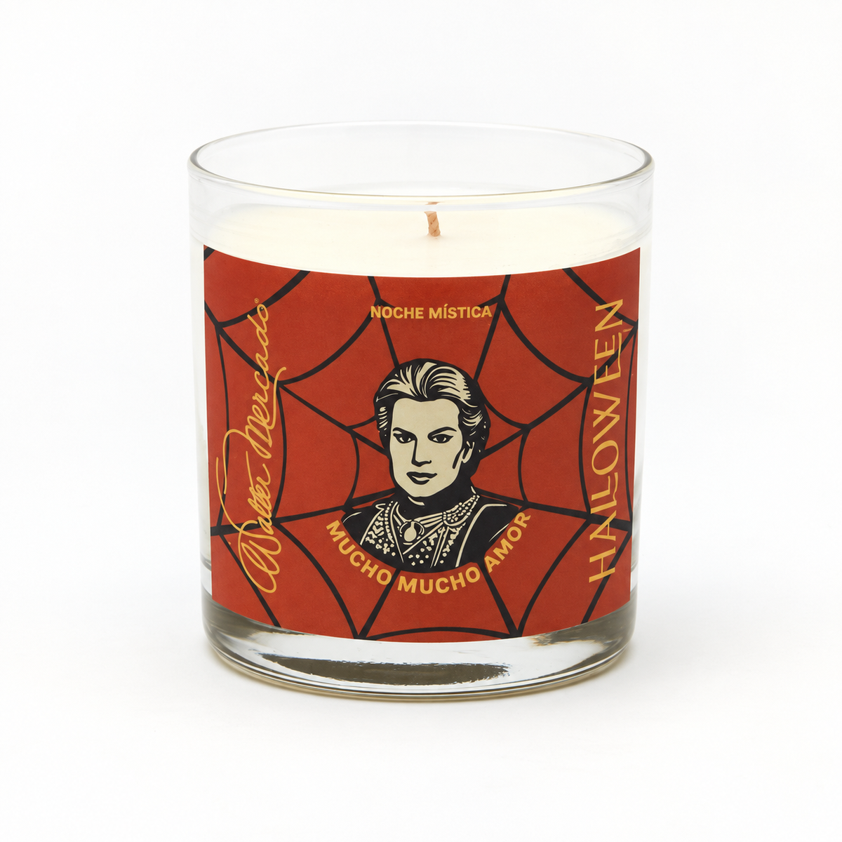 Walter Mercado Halloween Noche Mística candle, unlit, on a white background